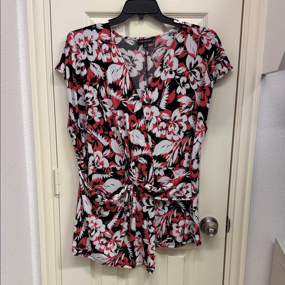 Lane Bryant Floral V-Neck Blouse - Black, Red, White